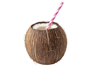 fresh coconut with drinking straw inside isolated on white background