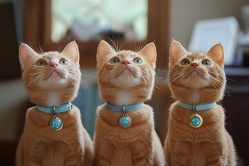 Three Adorable Ginger Kittens Looking Up Wearing Blue Collars