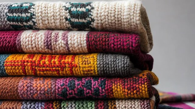 Colorful handmade wool blankets showing texture and pattern in folded stacked composition
