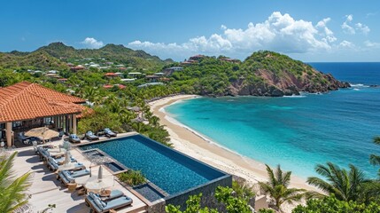 Fototapeta premium Tropical Villa Infinity Pool Overlooking Pristine Beach