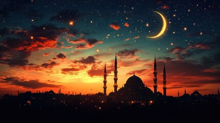 Obraz premium Majestic Mosque Silhouette Under Starlit Crescent Moon