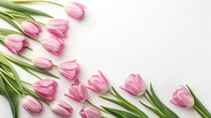 Obraz premium Pink tulips arrangement on white background with green leaves