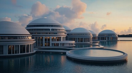 Modern architecture meets sustainability innovative water purification in a serene coastal technology hub