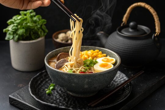 Steaming hot bowl of authentic Japanese ramen with eggs, noodles, and broth