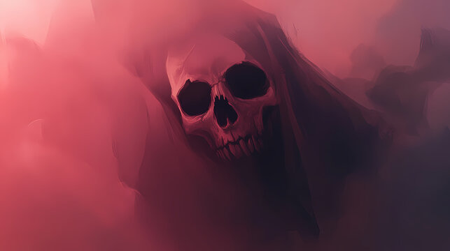 A creepy skull rises from a veil of smoke, illustrating a halloween concept. Veil Between Worlds. Illustration - Powered by Adobe
