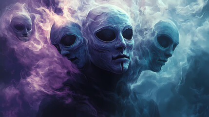 A man with his head covered in masks. Veil Between Worlds. Illustration