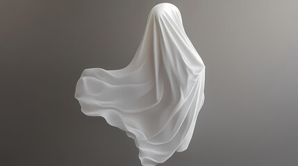 A white swath of fabric floating before a gray background, artistically draped to suggest a human form beneath the fabric. Veil Between Worlds. Illustration