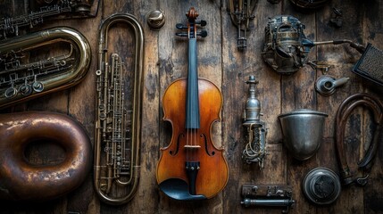 Naklejka premium Vintage Violin Antique Instruments Dark Wooden Background Rustic Still Life