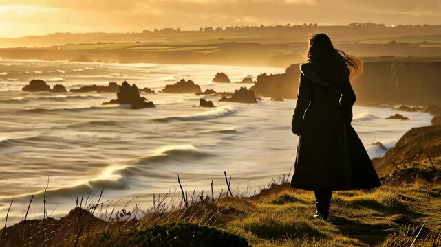 Romantic ocean vision: female presence, rolling sea waves, maritime essence, neoclassical inspiration, baroque elegance, rococo charm, medieval atmosphere, historical allure, timeless beauty.