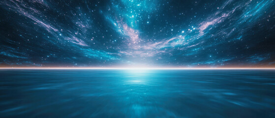 Futuristic cosmic landscape with vibrant colors and deep ocean view