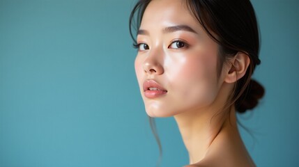 A serene portrait against a tranquil blue backdrop.