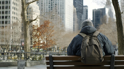 A homeless person sitting on a bench, looking at the busy street around them. The contrast between the stillness of the person and the moving city highlights the citys pace
