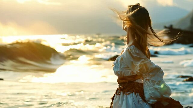 Nostalgic sea romance: feminine silhouette, dynamic water movement, neoclassicism influence, baroque aesthetics, rococo details, medieval nostalgia, maritime wonder, historical inspiration.