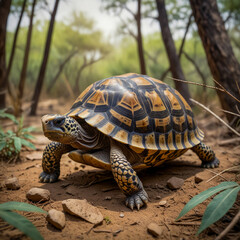Obraz premium watercolor scene of an Indian star tortoise navigating through the dry, thorny underbrush of Gujarat’s scrub forests