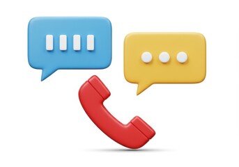 A 3D rendered red telephone handset icon positioned above two speech bubble