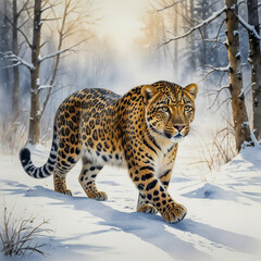 watercolor scene of an Amur leopard walking gracefully through the snowy forests of the Russian Far East. The leopard’s golden fur