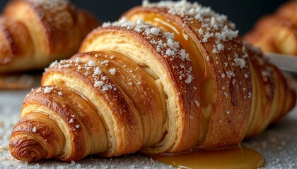 Croissant with syrup and powdered sugar close-up