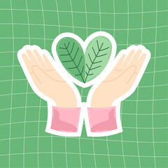 Eco-friendly vector sticker of two open hands holding heart-shaped green leaf. Cute illustration in concept of supporting ecological balance  eco - system of planet earth. For social media banners.