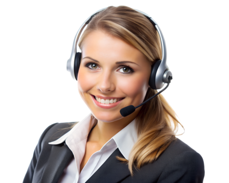 Young business woman telephone operator hotline worker customer support service manager with headset isolated on a white background copy space. Call center concept 