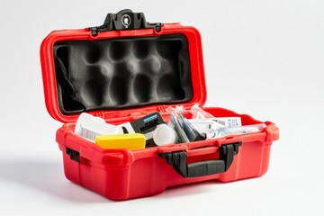 Open red hard case filled with medical supplies on white background