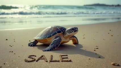 The inscription "SALE" written in the sand and a sea turtle on the beach. Advertising, banner, screensaver, wallpaper, background for TV and social networks