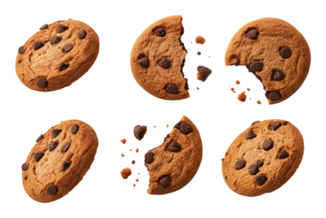 Six chocolate chip cookies at different stages of being eaten