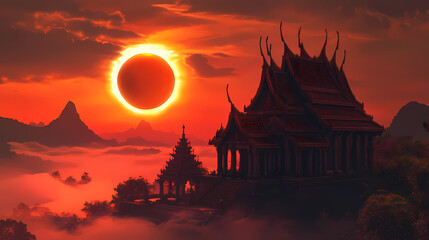 Mystical thai spirit house set against the backdrop of a total solar eclipse at a dramatic sunset in a serene ethereal landscape. Solar Eclipse Temples. Illustration