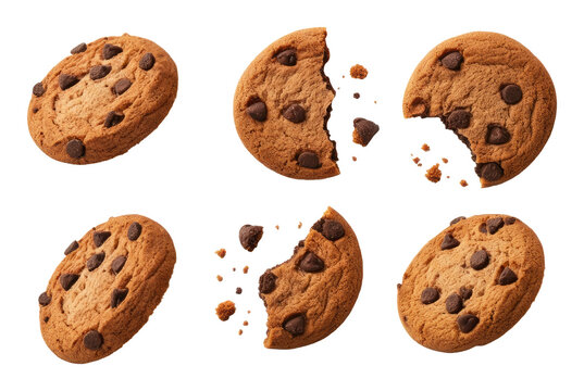 Six chocolate chip cookies at different stages of being eaten
