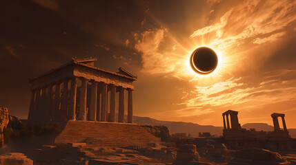 Fototapeta premium Solar eclipse casts eerie light on greek temple moon obscures sun. Solar Eclipse Temples. Illustration