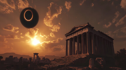 Fototapeta premium Solar eclipse casts eerie light on greek temple moon obscures sun. Solar Eclipse Temples. Illustration