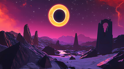 Fototapeta premium Solar eclipse over an alien landscape. Solar Eclipse Temples. Illustration