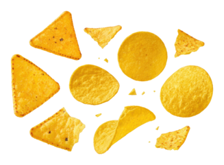 Variety of crispy, golden tortilla chips and potato against transparent background