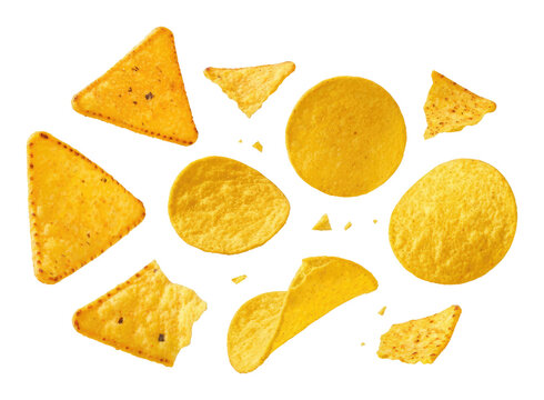 Variety of crispy, golden tortilla chips and potato against transparent background