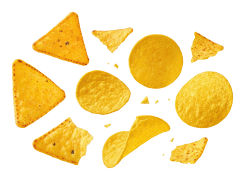 Variety of crispy, golden tortilla chips and potato against transparent background