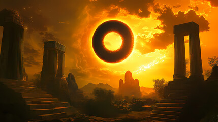 Solar eclipses activating ancient terraforming devices, discovered through archaeology. Solar Eclipse Temples. Illustration