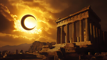 Fototapeta premium Unique light of solar eclipse illuminates greek temple moon-sun dance. Solar Eclipse Temples. Illustration