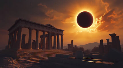 Fototapeta premium Unique light of solar eclipse illuminates greek temple moon-sun dance. Solar Eclipse Temples. Illustration