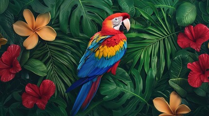Obraz premium Vibrant scarlet macaw among lush tropical flora nature photography vibrant jungle close-up view biodiversity exploration