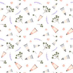 spa and treatment seamless background with creams, lavender, eucalyptus leaves.  Lovely design for print, seamless design for textile, packaging, card, background.