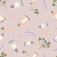 spa and treatment seamless background with creams, lavender, eucalyptus leaves.  Lovely design for print, seamless design for textile, packaging, card, background.
