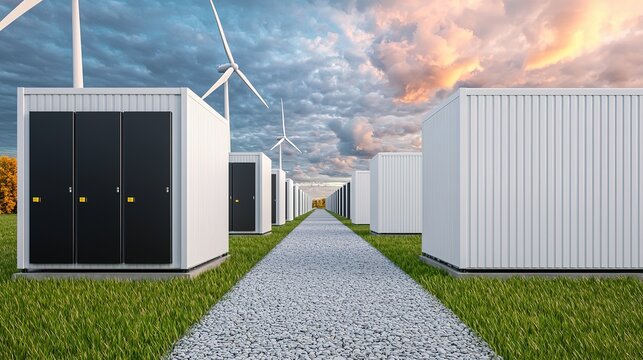 Renewable energy storage solutions wind farm industry modern environment ground level sustainable future