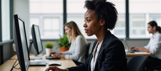 A focused DevOps engineer of color works with data scientists and financial analysts in a modern office setting - a representation of growing female roles in high-demand fields such as tech analytics