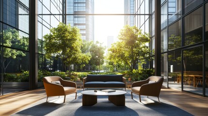 Modern Interior Relaxation Space, City View, Bright and Welcoming