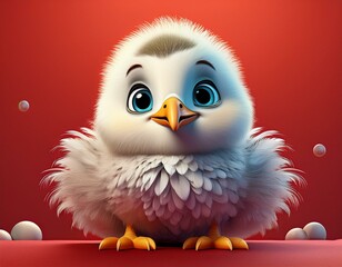 Fototapeta premium Kleine niedliche Möwe, roter Hintergrund