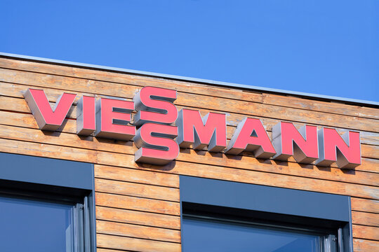 Nowy Tomysl, Poland - February 11, 2025. Viessmann logo on a sales office - Viessmann is a German manufacturer of heating and refrigeration systems.