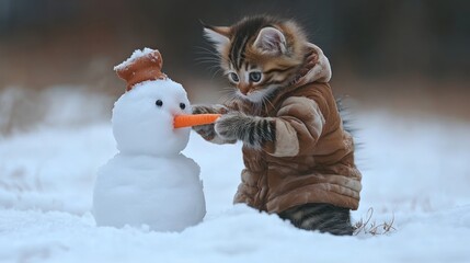 Kitten in Coat Adds Carrot to Snowman