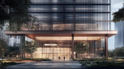 Obraz premium Modern glass and bronze skyscraper entrance at dusk.