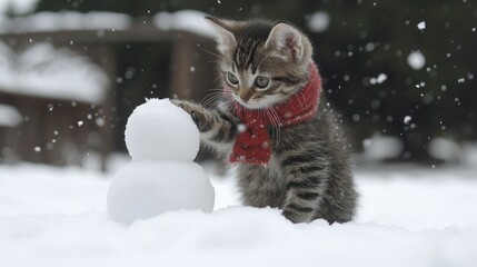 Kitten building a small snowman in the snow