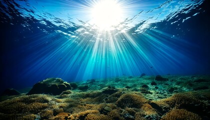 Fototapeta premium Underwater scene with coral reef and sun lights
