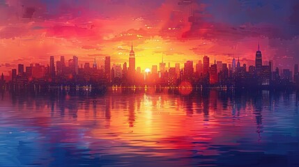 Fototapeta premium Vibrant sunset cityscape reflected in calm water.